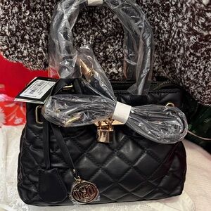 Badgley Mischka Black Quilted Satchel with Gold Accents